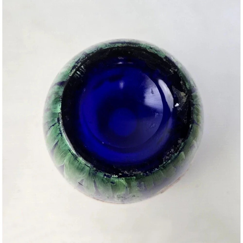 Cobalt Blue Art Glass Vase Hand Painted Koi Goldfish Aquatic Plants 8